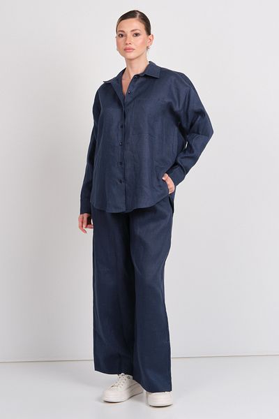 AYHAN Women's Double Pocket Elastic Waist 100% Linen Trousers 1240 Navy Blue