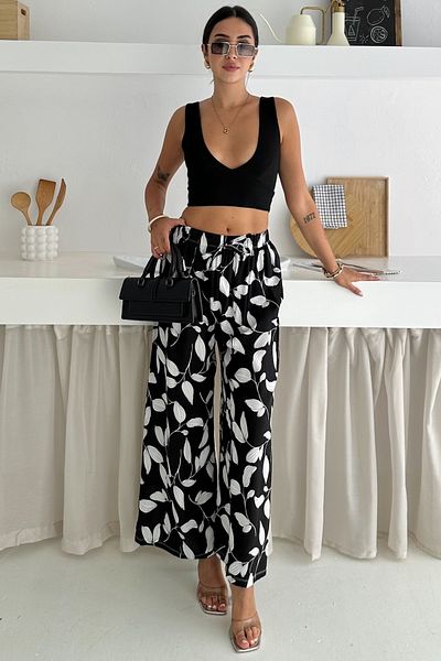 FEMELLE Pantaloni casual largi din viscoză țesut cu talie înaltă pentru femei