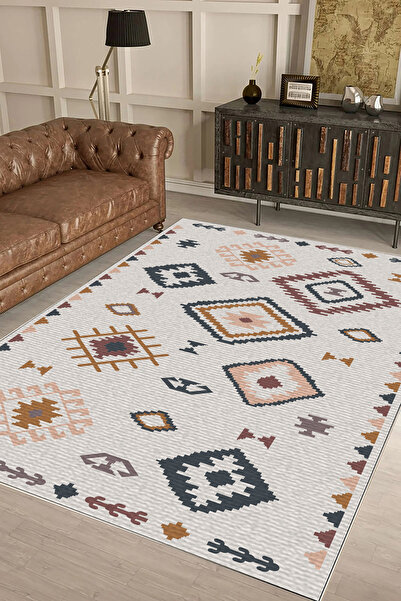 UZZA Geometrik İskandinav Eskitmeli Dijital Baskı Yıkanabilir Kaymaz Taban 9045