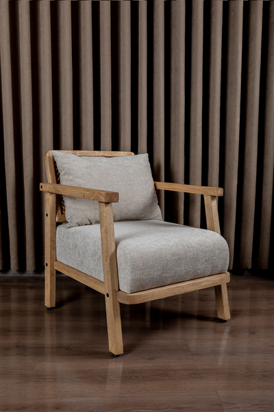 Aberteka Merlin Hazeranlı Doğal Ahşap Meşe Renk, Sütlü Kahve Teddy Kumaş Berjer