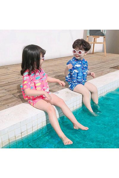 Toybox Kids Float Suit One-Piece Cartoon Short Sleeve Swimwear Jumpsuit, Blue, Size XXL(57x55cm)For 4-5 Yrs