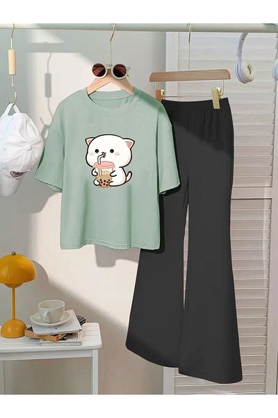 Keywest Children's Cat Printed T-Shirt Spanish Leg Tracksuit Set
