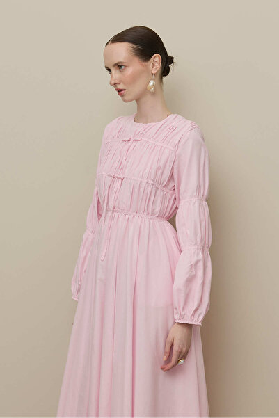 Fahhar Gathered Detailed Piping Tied Dress Pink