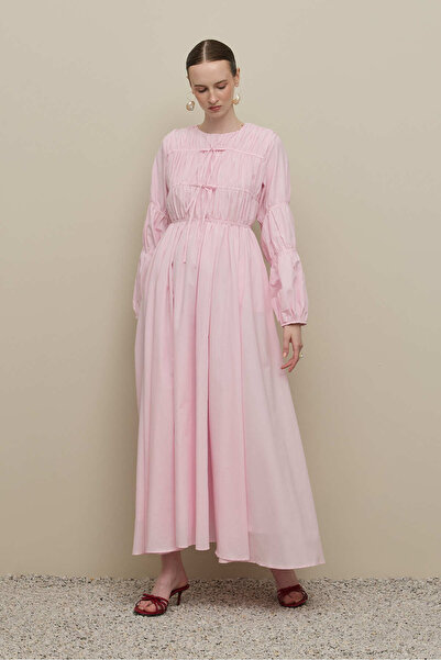 Fahhar Gathered Detailed Piping Tied Dress Pink