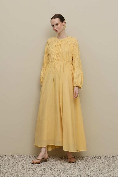 Fahhar Gathered Detailed Piping Tied Dress Yellow