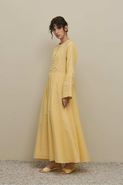 Fahhar İnce Nervürlü Vual Elbise Sarı