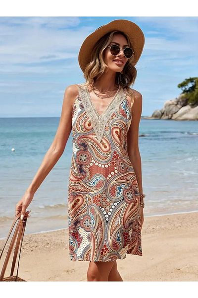 JANES Women's Short Sleeve Lace V-Neck Patterned Single Jersey Dress, Summer, Vacation Dress
