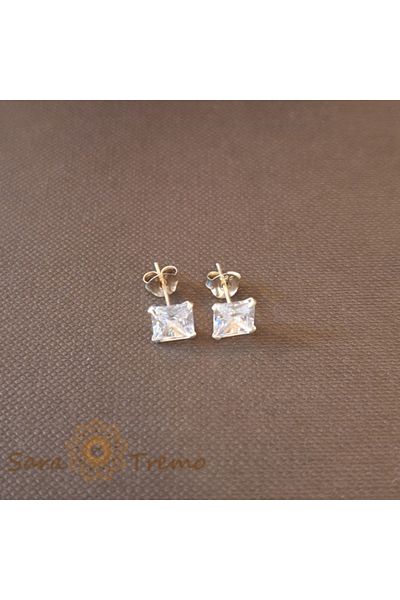 saratremo Unisex Silver Earrings 925 with White Square Zirconia Crystal, 6 mm