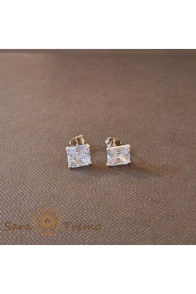 saratremo Unisex Silver Earrings 925 with White Zirconia Crystal Square, 7 mm