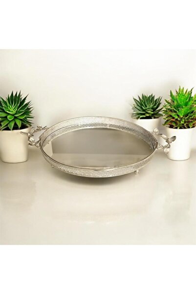 partridge store Metal Flower Handle Mirrored Tray Silver 43cm