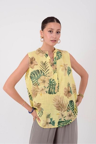 Park Moda 8228 Monstera Pattern Sleeveless Bluz