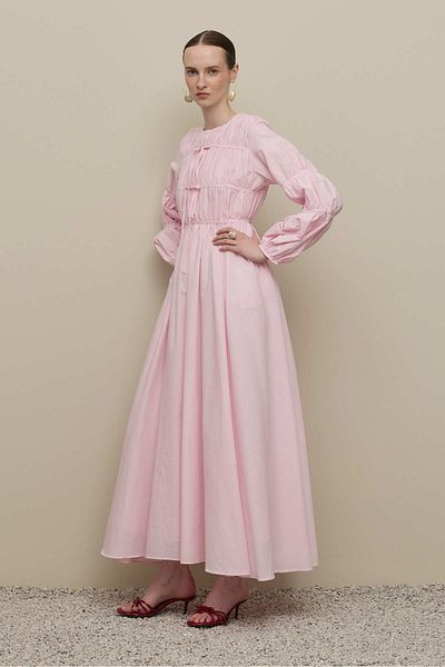 Fahhar Gathered Detailed Piping Tied Dress Pink