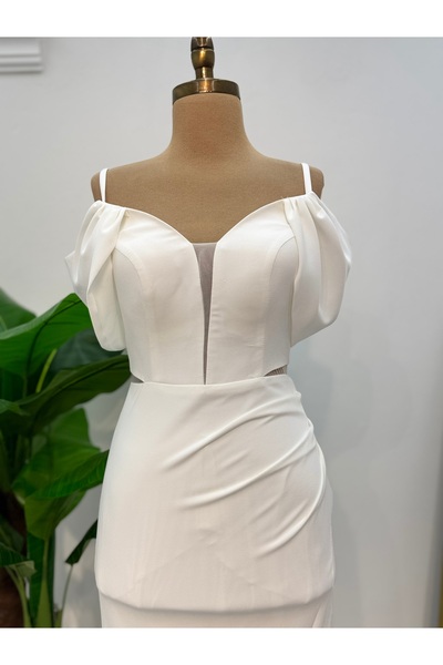 E&A Eren Abiye KADIN BEYAZ ASKILI AY KOL KREP ELBİSE