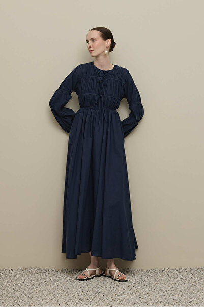 Fahhar Gathered Detailed Piping Tied Dress Navy Blue