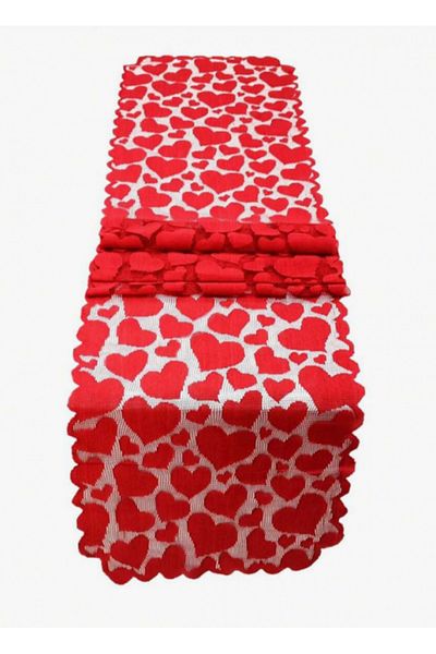 saratremo Napron roșu cu broderie inimioare – 35 x 183 cm