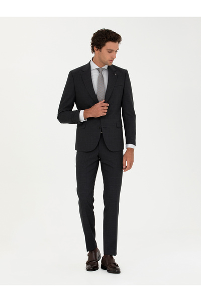 Cacharel بدلة سوداء ضيقة من مزيج الصوف بنقشة دقيقة 50272937-VR046