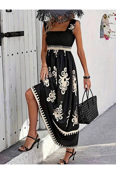 Viyamo New Season Women's Strap Square Neck Gipe Detailed Patterned Single Jersey Dress