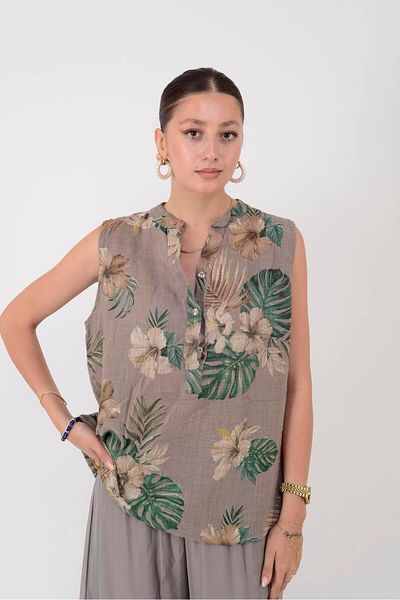 Park Moda 8228 Monstera Pattern Sleeveless Bluz