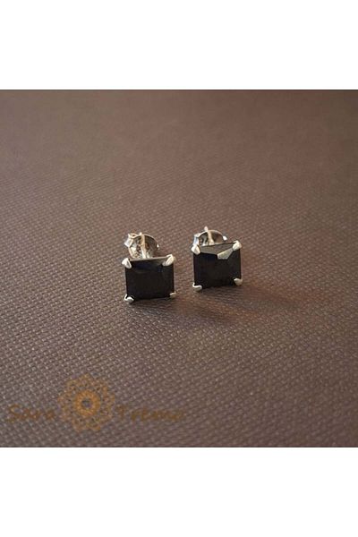 saratremo Unisex Silver Earrings 925 with Black Zirconia Square Crystal, 7 mm