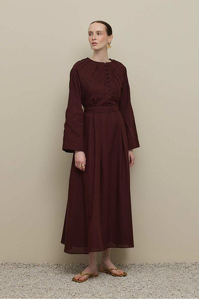 Fahhar Slim Ribbed Voile Dress Burgundy
