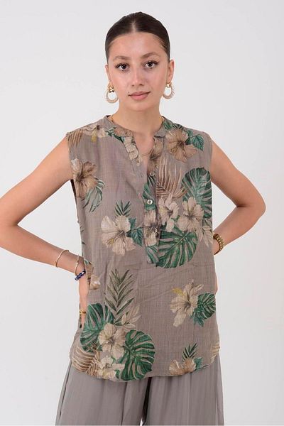 Park Moda 8228 Monstera Pattern Sleeveless Bluz