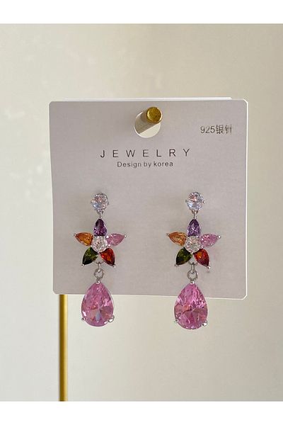 Çelik Colored Zircon Stone Dangle Flower Earrings