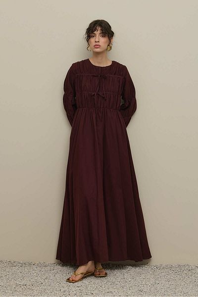 Fahhar Gathered Detailed Piping Tied Dress Burgundy