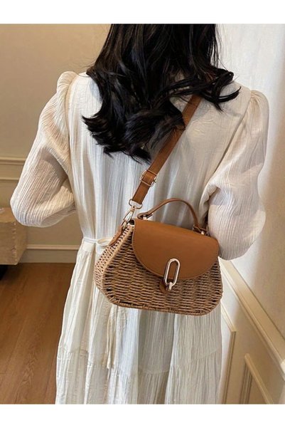 HASIR ÇANTA Palmiye Design Cross Women's Shoulder Bag Kiss Lock Breathable Brown Straw Beach Bag