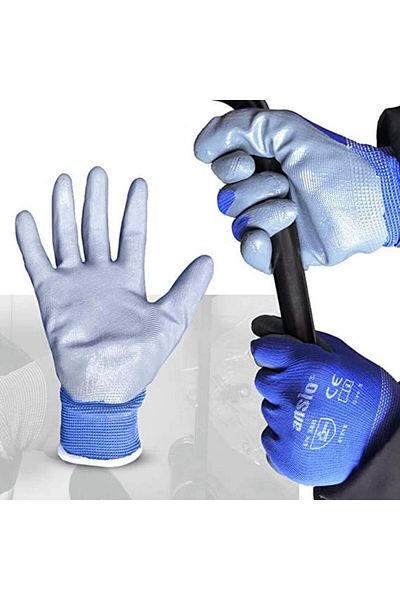 Ansio Set of 5 pairs of work gloves, polyurethane/nylon blue/gray, M