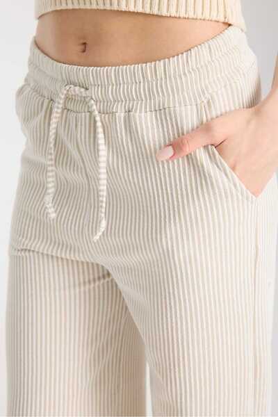 KATALOG BUTİK Kadın Çizgili Yüksek Bel Bol Paça Pamuklu Pantolon