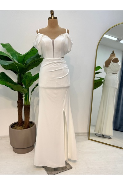 E&A Eren Abiye KADIN BEYAZ ASKILI AY KOL KREP ELBİSE