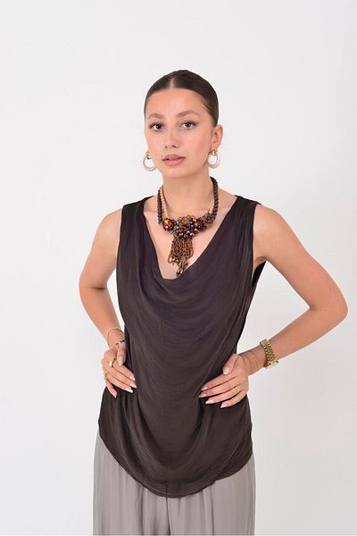 Park Moda 64967 Degaje Collar Sleeveless Silk Bluz