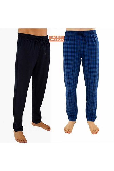 DÜVEN Pijamale pentru bărbați din bumbac indigo în carouri - bleumarin, 2 piese, cu fund unic - pantaloni de pijama sezonieri