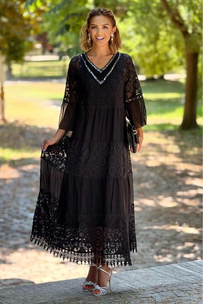 Nevin Kaya Moda Μαύρο Παγιέτες Dolce Notte Ruched 100% Βαμβακερό Ιταλικό Φόρεμα