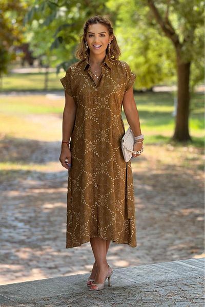 Nevin Kaya Moda Mustard Belted Buttoned Shirt Dress