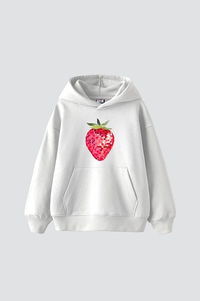 Sekizbiraltı Strawberry Disco Printed Oversize Unisex Λευκό Hoodie