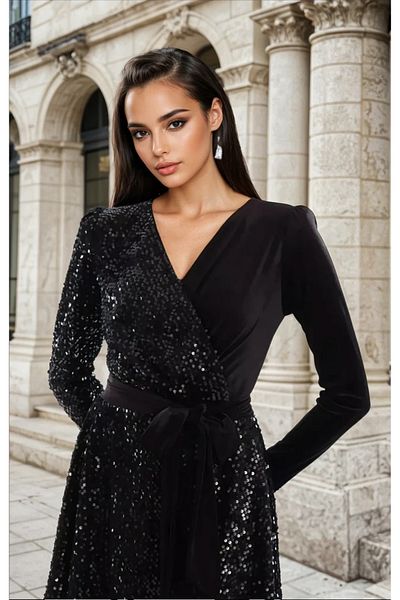 UniqueStore.ro Velvet Dress With Sequins And Drawstring Waist Dolores Black