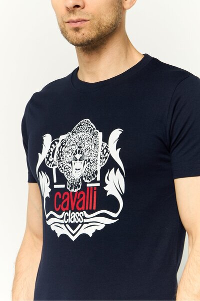 Cavalli Class Men Crew Neck Short Sleeves Graphic Print T-Shirt, Navy