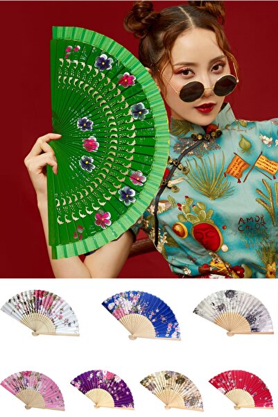 Wolawood Özel Çiçek Desenli Yelpaze Japon Tasarım Renkli Vintage Katlanabilir...