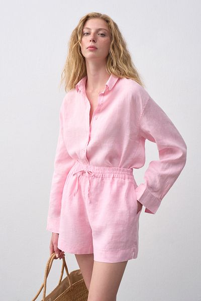 mathilda store Women's Pink Linen Shorts Shirt Set