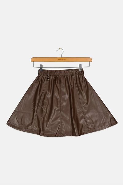 Overkids Kids Girl Plain Leather Midi Skirt, Chocolate Brown