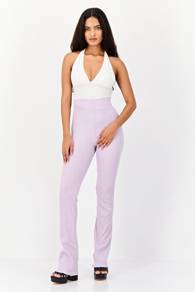DeFacto Women Regular Fit Ribbed Flare Leg Pants, Purple