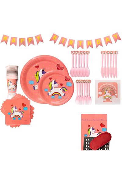 agodot Set petrecere Unicorn 16 persoane, farfurii, tacamuri, fata de masa, servetele, joc, banner
