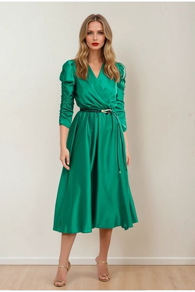 UniqueStore.ro Noemi Green Party Dress With Puff Sleeves