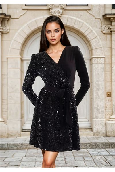 UniqueStore.ro Velvet Dress With Sequins And Drawstring Waist Dolores Black