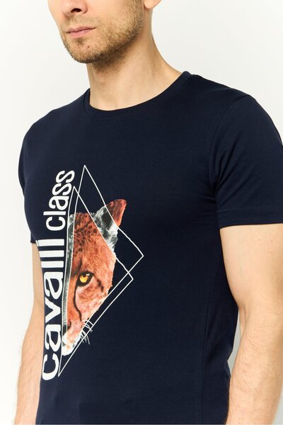 Cavalli Class Men Crew Neck Short Sleeves Graphic Print T-Shirt, Dark Navy