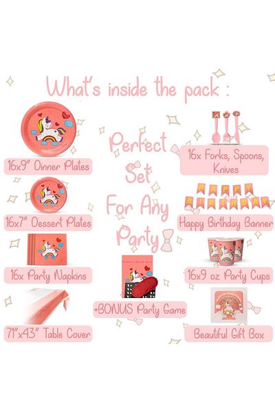 agodot Set petrecere Unicorn 16 persoane, farfurii, tacamuri, fata de masa, servetele, joc, banner