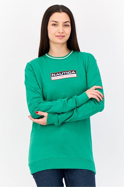 Nautica Women Crew Neck Embroidered Long Sleeve Sweatshirt, Green