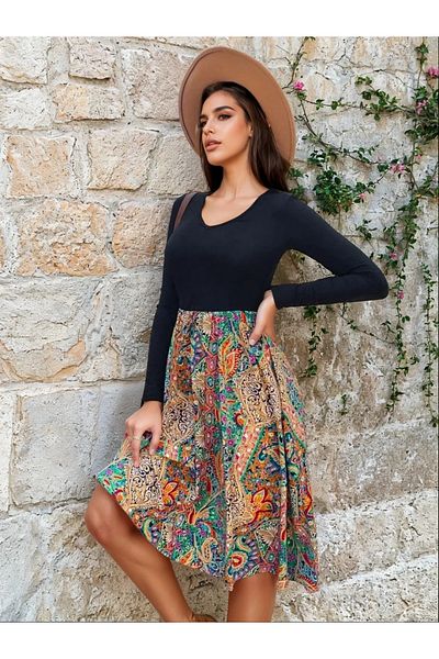UniqueStore.ro Midi Dress With Black Top And Boho Print Skirt