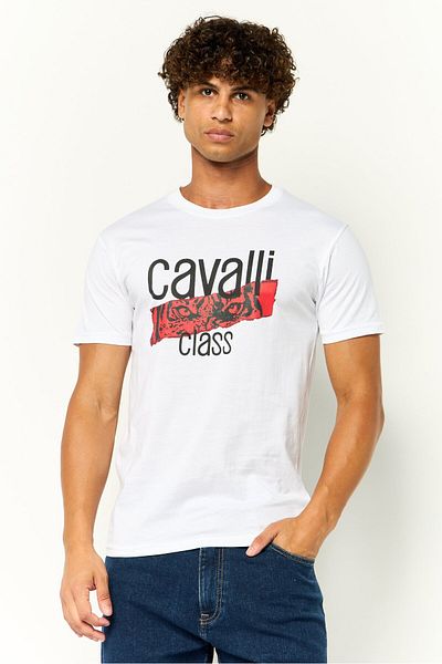 Cavalli Class Men Crew Neck Short Sleeves Graphic Print T-Shirt, White
